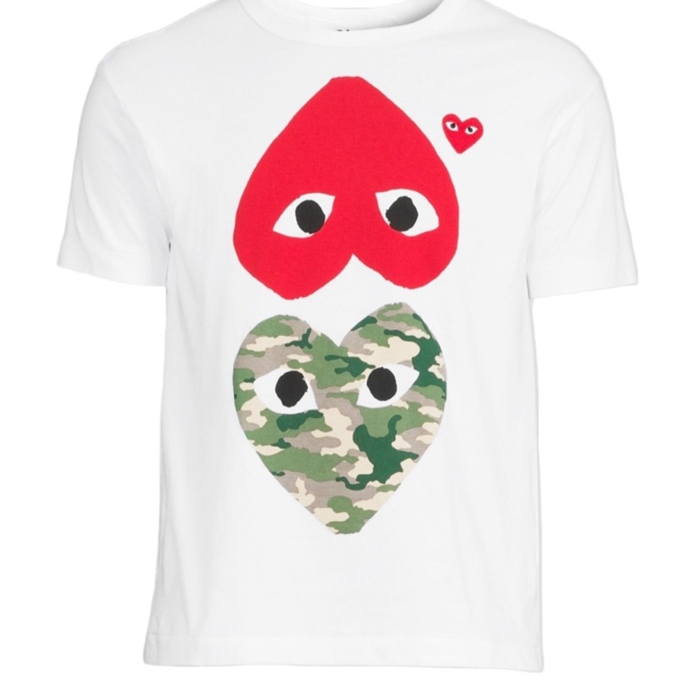 Comme des Garcons White Tee with Red and Camouflage Hearts